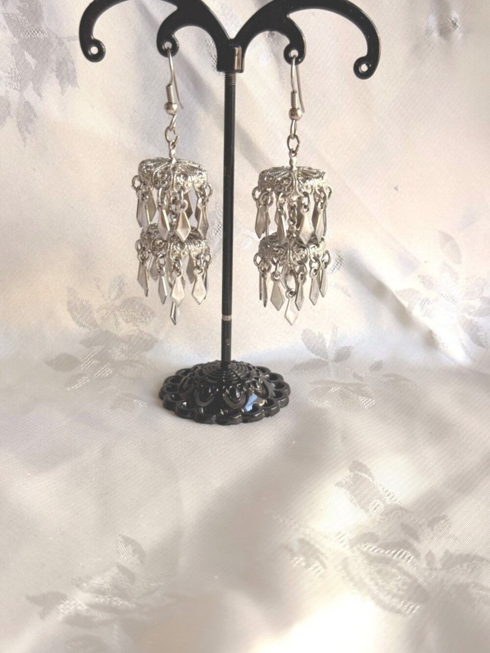 Silver-Tone Filigree 2-Tiered Chandelier Dangle Earrings